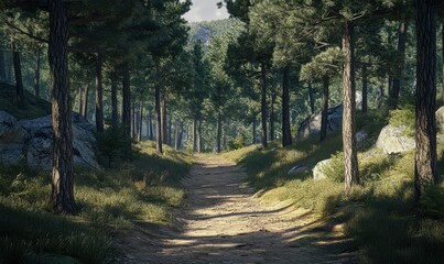 Sticker - Scenic hiking trail winding through a dense pine forest, with sunlight streaming through the canopy and a sense of adventure in the air.