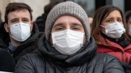 Close-up of a man wearing a protective mask and winter clothing outdoors, surrounded by other masked people. A concept of public health, pandemic safety, and social responsibility