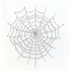 Dew covered spiderweb glistens against a stark white background
