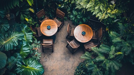 Poster - Aerial view of a botanical caf featuring small and large trees, warm wood tones, and industrial steel frames. No people no text