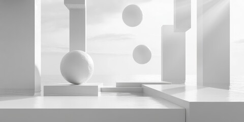 Poster - Minimalist white spheres and geometric shapes against an ocean backdrop