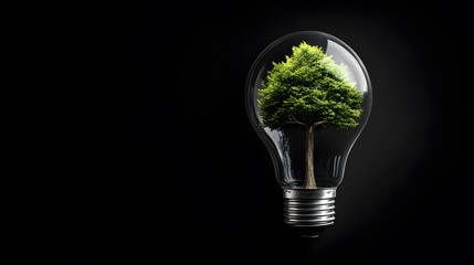 Wall Mural - close-up of a light bulb with a tree inside, on a black background - renewable and clean energy conc