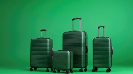 A matching set of travel suitcases in different sizes, with a sleek design, placed on a vibrant green background.