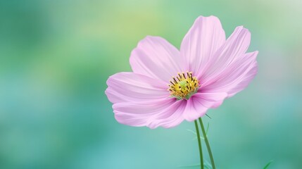 Poster - A single pink cosmos flower with soft, delicate petals and a vibrant green backdrop, creating a peaceful garden scene.