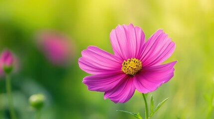 Poster - A single pink cosmos flower with soft, delicate petals and a vibrant green backdrop, creating a peaceful garden scene.