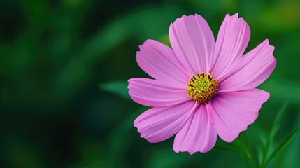 Poster - A single pink cosmos flower with soft, delicate petals and a vibrant green backdrop, creating a peaceful garden scene.