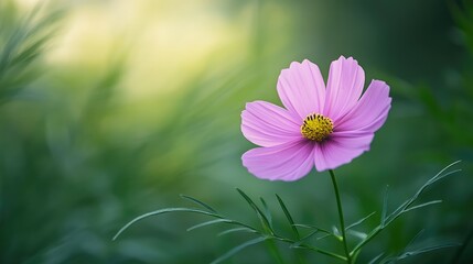 Poster - A single pink cosmos flower with soft, delicate petals and a vibrant green backdrop, creating a peaceful garden scene.