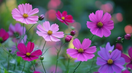 Poster - A vibrant burst of pink and purple cosmos flowers blooming abundantly in a lush garden, surrounded by greenery.
