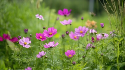 Poster - A vibrant burst of pink and purple cosmos flowers blooming abundantly in a lush garden, surrounded by greenery.