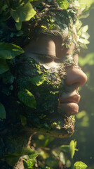 Poster - Meditative woman with closed eyes, face adorned by verdant moss, embodying serene connection between human essence and natural world