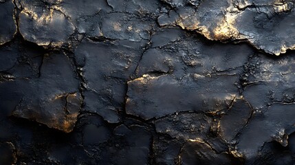 Poster - Close-up shot of a dark rock with accents of gold. Dramatic texture and contrast. Dark Gold Rock Texture: A Dramatic Close-up