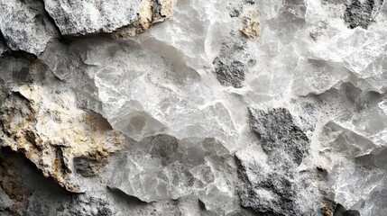 Poster - Close-up view of a rough, textured rock surface. Shades of gray and white dominate, creating an abstract and captivating scene. Intricate Rock Formation: A Study in Gray and White Tones