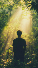 Poster - Hiker viewing sunlight streaming between forest trees, back turned toward camera