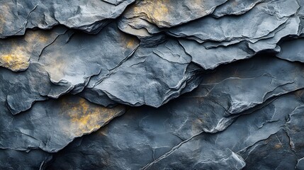 Poster - Close-up image of layered slate rock. The texture is prominent with varying shades of grey, highlighted by accents of gold. Layered Slate Texture: A Study in Grey and Gold