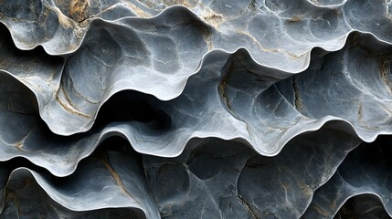 Poster - Close-up view of a unique rock formation. The stone's texture shows intricate wave-like patterns and layers in shades of grey and gold. Abstract Stone Formation: A Symphony in Grey and Gold