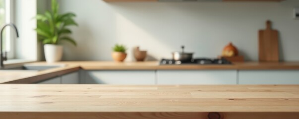 Wall Mural - Clean empty table, blurred kitchen background, minimal, background