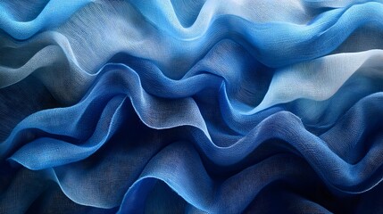 Poster - Abstract close-up of blue silk fabric with gradient and wavy texture. Elegant and luxurious textile photography. Serene Blue Silk Waves: Abstract Textile Photography