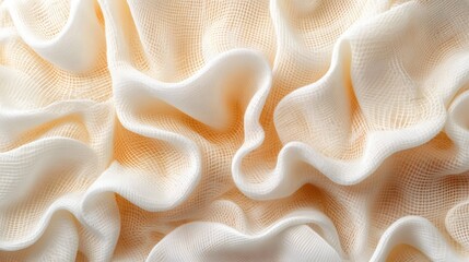 Poster - Close-up view of cream and white gauze fabric with a soft, textured surface. Subtle light and shadow create depth. Textured Cream Gauze Fabric: A Close-Up