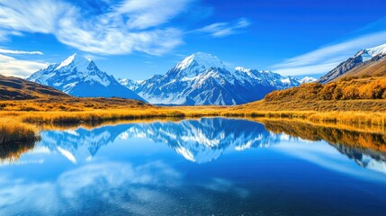 Expansive lake with clear water surrounded by snow-capped mountains, reflecting the vibrant blue sky.