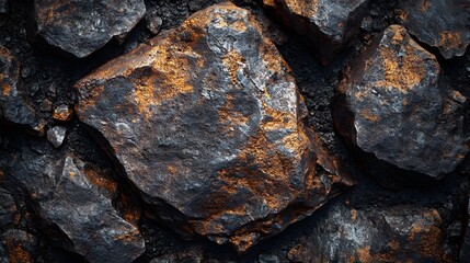 Poster - Close-up view of dark rocks with golden highlights. A rich texture and beautiful contrast. Golden Hues on Dark Rocks: A Textured Masterpiece
