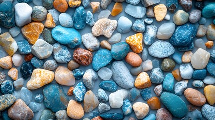 Poster - Close-up view of various colorful pebbles, showcasing their smooth texture and vibrant colors. A Stunning Collection of Smooth, Colorful Pebbles