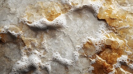 Poster - Close-up of a textured stone surface with white foam. Beige and gold tones create a beautiful abstract image. Abstract Stone Texture with Foam: Beige, Gold and White Hues