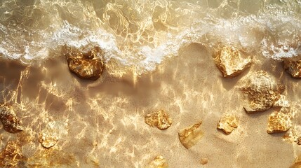 Poster - Golden sunlight illuminates a beautiful beach scene. Gentle waves lap against sandy shore, rocks reflecting the light. Golden Coastline: Sunlit Waves and Sandy Shore