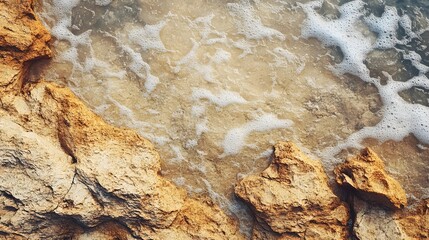 Poster - Gentle ocean waves washing over golden rocks. A serene coastal scene. Golden Coastline: Waves Gently Kissing Rocky Shores