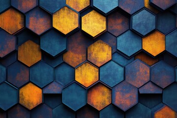 Poster - Unique hexagon pattern with textured surface in rich blue and orange hues