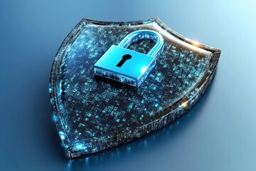 Poster - Digital shield icon representing cyber security with a lock for data protection