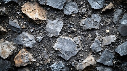 Poster - Close-up shot of a dark grey stone texture background. Rough and irregular stones are embedded in dark soil. Dark Grey Stones Texture Background: Rough, Irregular, Close-up Shot