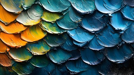 Poster - Close-up of a vibrant abstract oil painting with thick brushstrokes in shades of blue, gold, and orange. Abstract Oil Painting: A Symphony of Blue and Gold Scaly paint