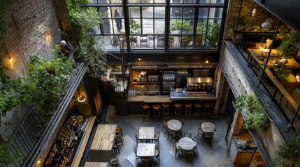 Poster - Overhead shot of a modern yet historic caf, where steel beams, greenery, and wooden details blend seamlessly. No people no text
