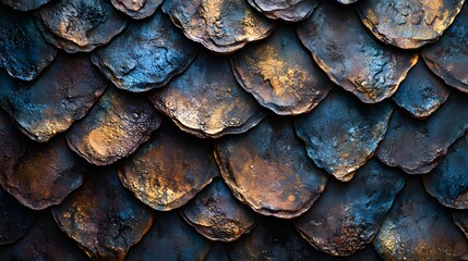Poster - Abstract background with dark blue and golden scales texture. Perfect for design and art projects. Dark Blue and Golden Scales Abstract Texture Scaly surface