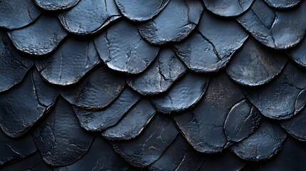 Poster - Close-up view of a dark blue textured surface resembling scales. Perfect for abstract backgrounds or design elements. Dark Blue Scales Texture: An Intriguing Abstract Image Scaly surface