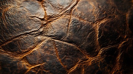 Poster - A detailed macro shot reveals the intricate texture of distressed brown leather. Deep creases and rich color variations create a visually captivating image. Close-up of Distressed Leather Texture