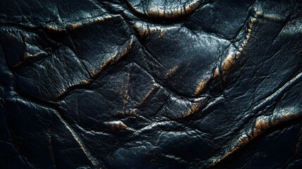Poster - Close-up view of dark blue leather with bronze accents showing deep texture and wrinkles. Dark, Textured Leather: A Close-Up Study of Deep Blue and Bronze