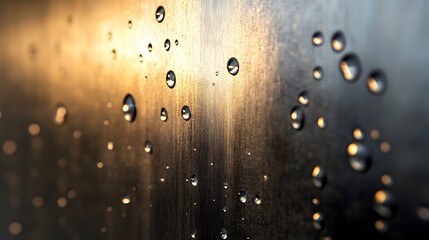 Poster - Macro shot of water droplets on a glass surface during sunrise or sunset. Warm light reflects beautifully. Golden Hour Dew Drops: A Macro Photography Study