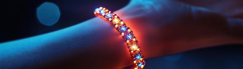 Canvas Print - Beaded bracelet on wrist with glowing AR craftsmanship details, soft vibrant lighting, photorealistic