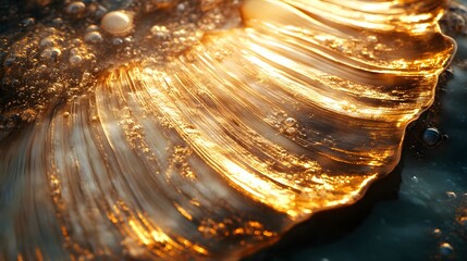Poster - Close-up shot of a golden shell reflecting the sunset in the water. The image showcases a beautiful texture and details. Golden Shell's Sunset Reflection in Water