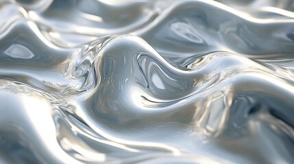 Poster - Close-up of a digitally rendered abstract liquid metal surface. Silver waves create a reflective and shiny texture. Abstract Liquid Metal Surface: Silver Waves of Reflection and Light