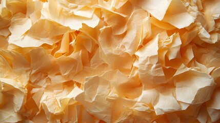 Poster - Close-up of crumpled peach-colored paper. Abstract texture background. Abstract Peach-Colored Paper Texture: A Close-Up View of Crumpled, Soft Papers in Warm Hues, Textured Shredded surface