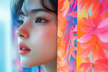 Poster - Captivating close-up of a young woman surrounded by vibrant floral designs