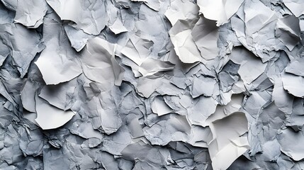 Poster - A close-up shot of various shades of gray and white crumpled and torn paper pieces creating an abstract texture. Abstract Texture of Torn and Crumpled Paper in Shades of Gray. Shredded surface