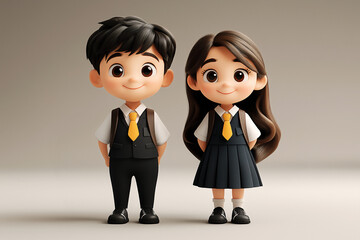 Wall Mural - Adorable 3D boy and girl students in school uniforms, with a playful and bright feel