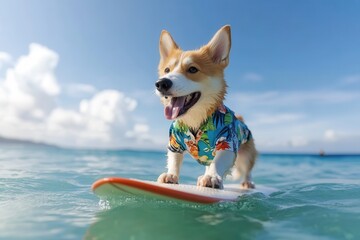 A corgi wearing a Hawaiian shirt rides a surfboard on a clear, sunny day at the beach, enjoying the ocean waves.