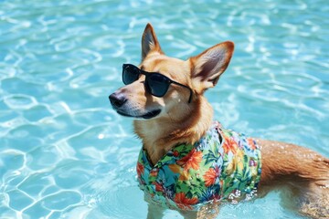 Wall Mural - A dog in sunglasses and Hawaiian shirt swims in a pool, enjoying a summer day in the water.