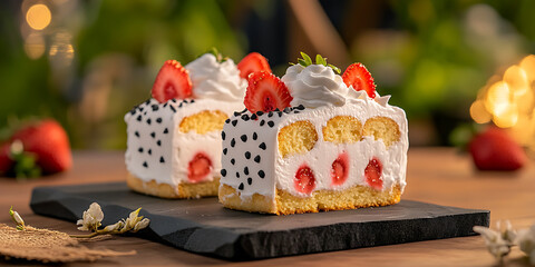 Canvas Print - Two strawberry shortcakes adorned with cream and strawberries sit on a dark stone board against a bokeh background.