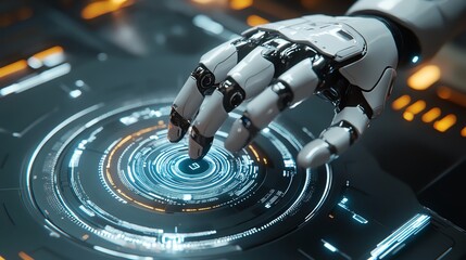 Poster - a robot activating a virtual button with precision in a digital workspace, showcasing the concept of