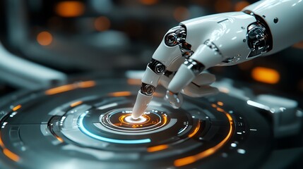 Poster - a robot activating a virtual button with precision in a digital workspace, showcasing the concept of